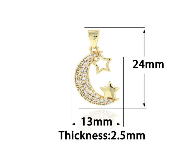 Micropavé CZ Moon Charm, Star Pendant Star Moon Pendant,18K Gold Filled Crescent Necklace, Star And Moon Necklace, 13x24x2.5mm
