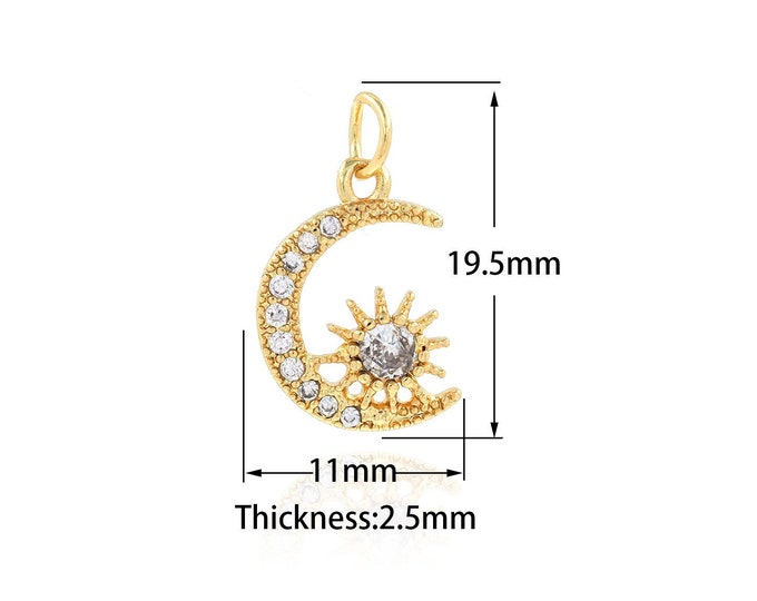 Micro Pave CZ Sun Moon Charms,Gold Sun Moon Pendant,Cresent Moon beads DIY Jewelry Supplies,11x19.5x2.5mm