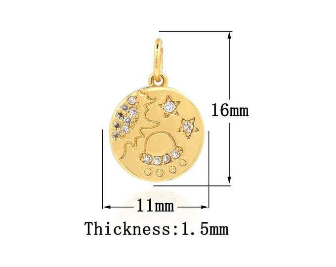 Round UFO Pendant, 18K Gold Filled Universe Pendant,CZ Sun Pendant, Crescent Pendant, DIY Jewelry Accessories, 16x11x1.5mm