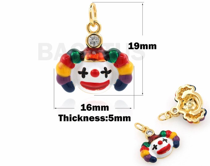 Micropavé CZ Clown Pendant, Enamel Pendant, 18K Gold Filled Enamel Clown Necklace, Clown Charm, DIY Jewelry Accessories, 19x16x5mm