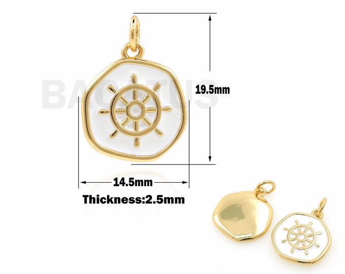 18K Gold Filled Round Enamel Necklace,Rudder Pendant,Rudder Charm,Nautical Pendant,Marine Necklace,DIY Jewelry Accessories,19.5x14.5x2.5mm