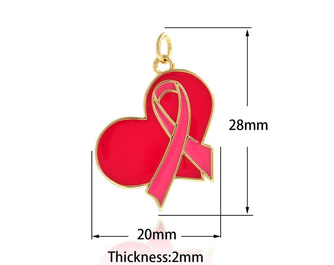 18K Gold Filled Heart AIDS Pendant,Enamel AIDS Charm Bracelet Necklace for DIY Jewelry Making Supply