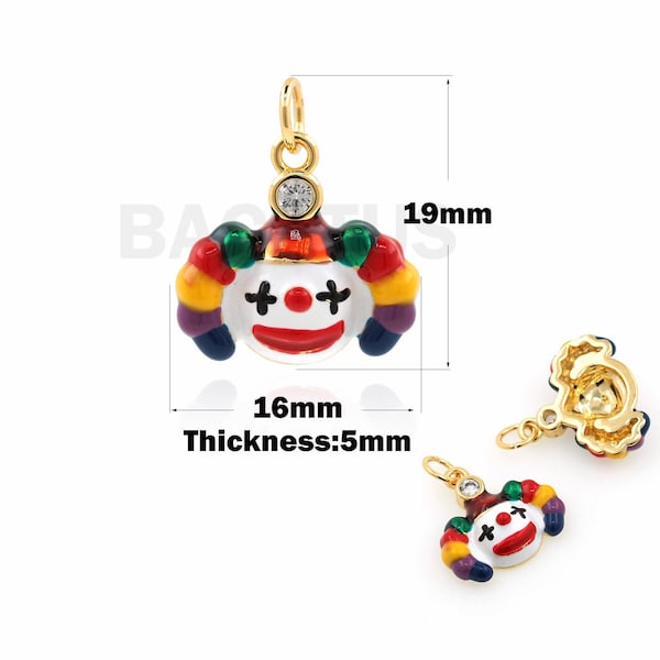 Micropavé CZ Clown Pendant, Enamel Pendant, 18K Gold Filled Enamel Clown Necklace, Clown Charm, DIY Jewelry Accessories, 19x16x5mm