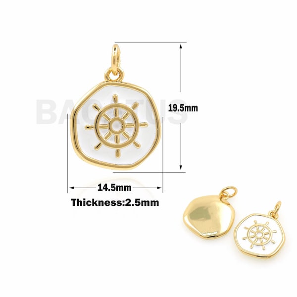 18K Gold Filled Round Enamel Necklace,Rudder Pendant,Rudder Charm,Nautical Pendant,Marine Necklace,DIY Jewelry Accessories,19.5x14.5x2.5mm