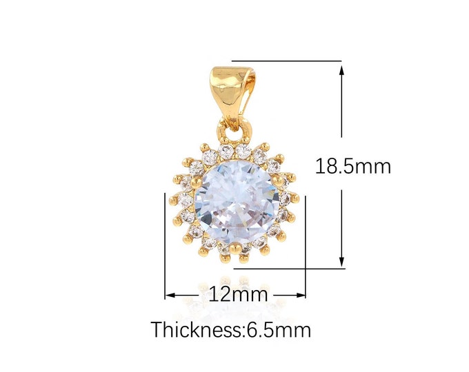 18K Gold Filled Round Pendant,Micropavé CZ Solitaire Pendant,Round Charm,Exquisite Bracelet Necklace DIY Accessories,18.5x12x6.5mm