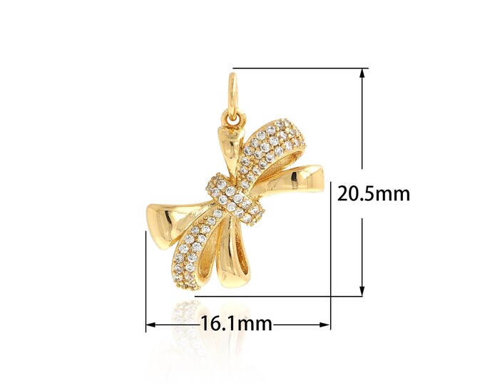 Bow Tie Charms, 18K Gold Filled Bow Pendant,Micropavé CZ Bow Necklace for DIY Jewelry Making Supplies,16.1x20.5x6mm