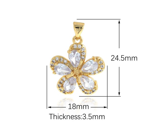 Flower Pendant, Micropavé CZ Plant Necklace, 18K Gold Filled Flower Charm, Plant Charm, DIY Jewelry Supplies, 24.5x18x3.5mm