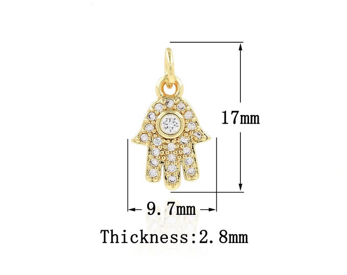 18K Gold Filled Hamsa Pendant,Gold Dainty Hand Charms,CZ Fatima Charm Bracelet Necklace for DIY Jewelry Making Supply