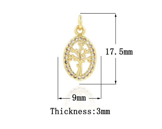 18K Gold Filled Tree of Life Pendant,Gold Dainty Oval Charms,CZ Tree  Charm Bracelet Necklace for DIY Jewelry Making Supply
