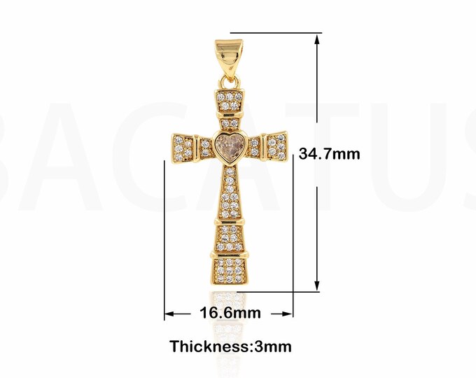 MicroPavé CZ Religious Charms, 18K Gold Filled Cross Pendant, Christian Necklace, Cross Charms, DIY Jewelry Supplies, 34.7x16.6x3mm