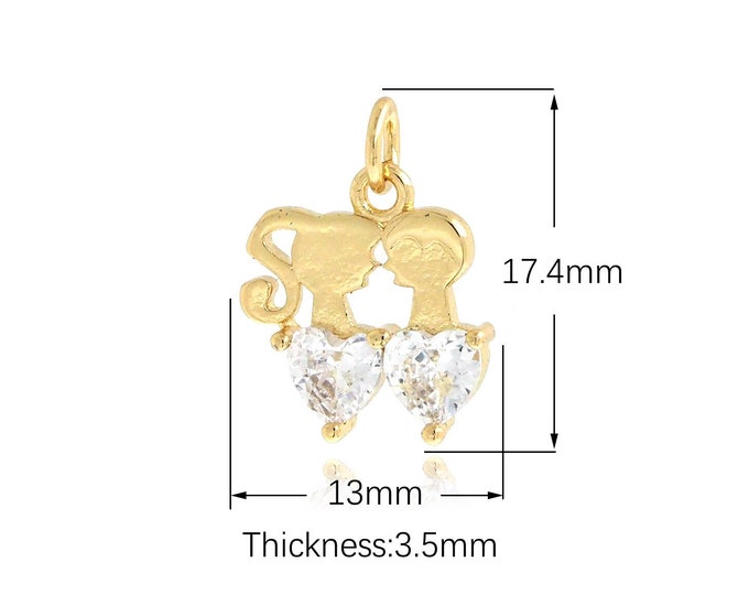 Couple Pendant, Love Necklace,18K Gold Filled Heart Charm,Necklace for Girls, Micro Pavé CZ Couple Charm,DIY Jewelry Supplies, 17.4x13x3.5mm