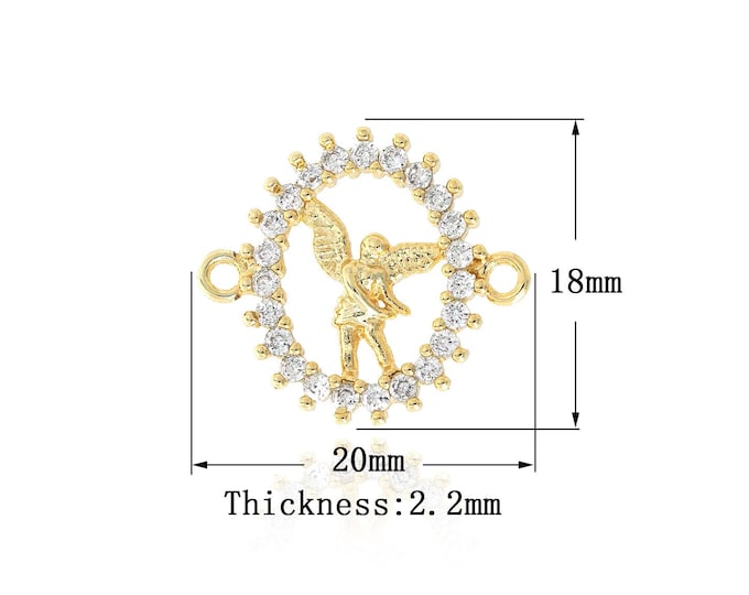 Oval Connector, 18K Gold Filled Angel Connector, Angel Charm, Micro Pave CZ Cupid Connector, DIY Jewelry Supplies, 18x20x2.2mm