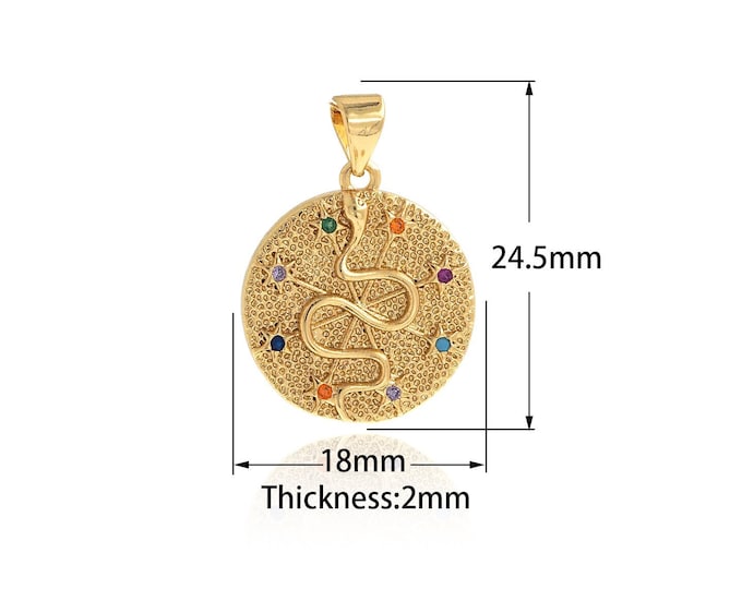 Round Snake Pendant Gold Coin Snake Charm,Micropavé CZ Round Disc Charm Zircon Charm DIY Jewelry Making,24.5x18x2mm