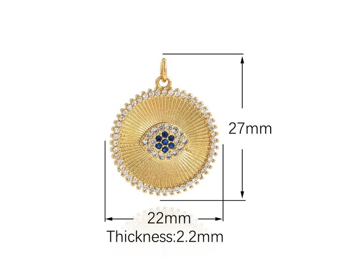 18K Gold Filled Devil Eye Pendant,Gold Dainty Round Charms,CZ Simple Charm Bracelet Necklace for DIY Jewelry Making Supply,27x22x2.2mm