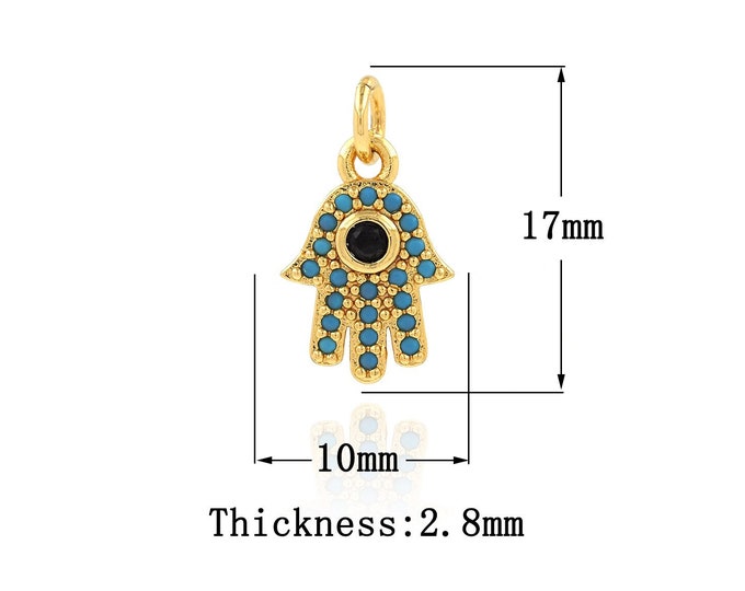 18K Gold Filled CZ Hamsa Pendant,Gold Dainty Fatima Charms,Hand Charm Bracelet Necklace for DIY Jewelry Making Supply