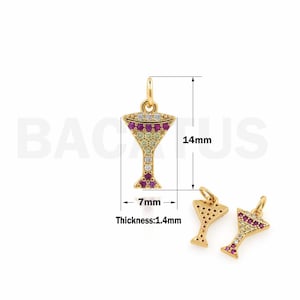Pendente in vetro da vino, ciondolo per vino rosso Micropavé CZ, charm in vetro da vino riempito in oro 18K, collana da bere, forniture per gioielli fai-da-te, 14x7x1.4mm