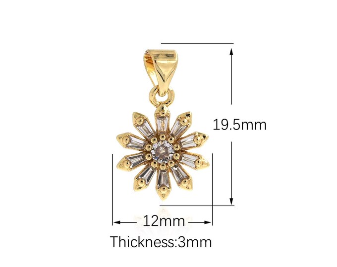 Flower Pendant, Micropavé CZ Plant Necklace, 18K Gold Filled Flower Charm, Plant Charm, DIY Jewelry Supplies, 19.5x12x3mm