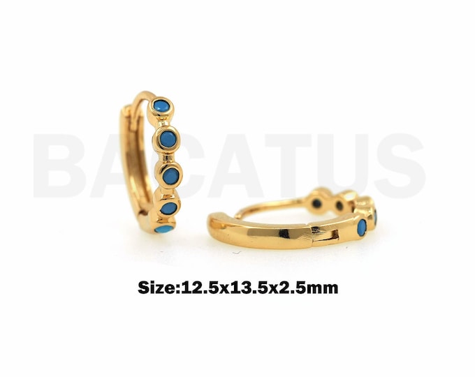Turquoise Hoops, Micropavé CZ Fashion Earrings,18K Gold Filled Turquoise Earrings, Round Earrings, Round Earrings, 12.5x13.5x2.5mm