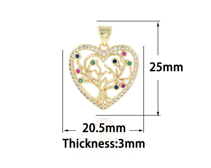 18K Gold Filled Tree of Life Pendant,Gold Dainty Tree Charms,CZ Heart Charm Bracelet Necklace for DIY Jewelry Making Supply