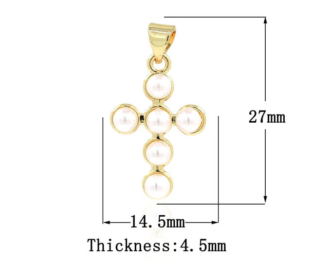 18K Gold Filled Cross Pendant,Gold Dainty Religion Charms,Pearl Charm Bracelet Necklace for DIY Jewelry Making Supply