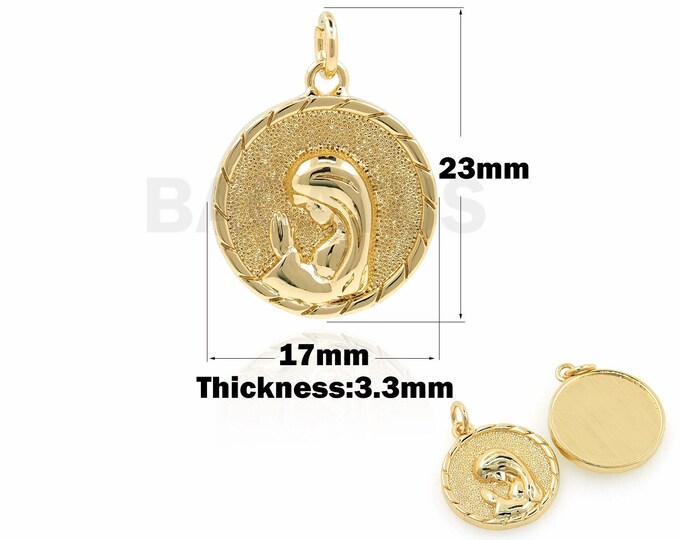 18K Gold Filled Round Coin Pendant, Girl Pendant, Prayer Charm, Round Charm, Good Luck Coin Pendant, DIY Jewelry Accessories, 23x17x3.3mm