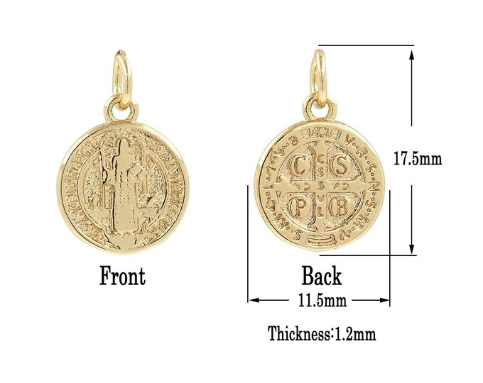 Gold Saint Benedict Charms,18K Gold Filled Saint Benedict Pendant,Round Charm Bracelet Necklace for DIY Jewelry Making Supply
