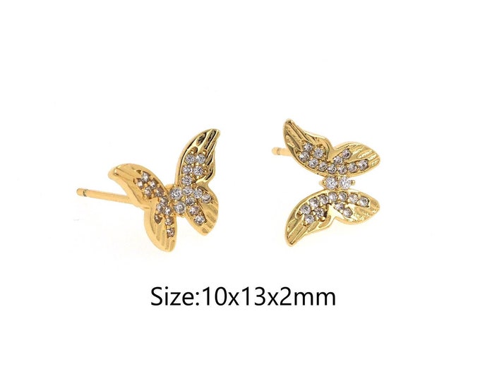 1Pair 18K Gold Filled Butterfly Earrings Micropavé CZ Insect Earrings,Butterfly Zircon Earrings Butterfly Earrings Insect Jewelry 10x13x2mm