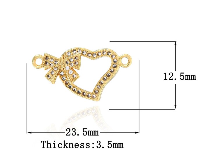 Heart Bow Charm,18K Gold Filled Bow Connector,MicroPave CZ Bow Connector,DIY Jewelry Supplies