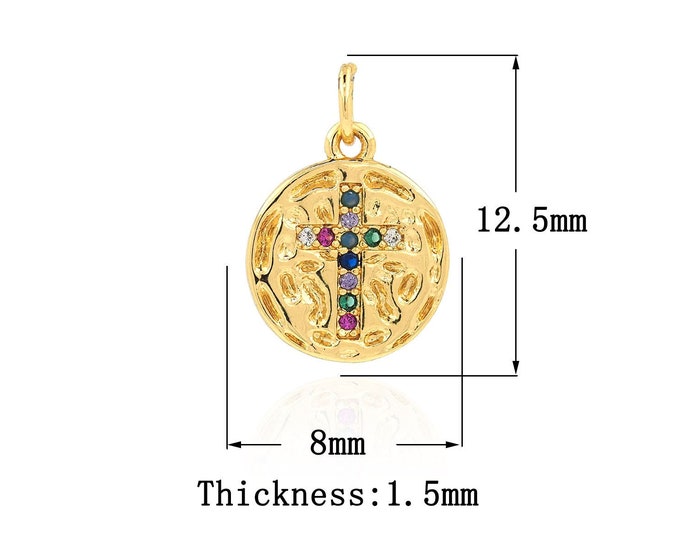 18K Gold Filled CZ Cross Pendant,Gold Dainty Religion Charms,Round Charm Bracelet Necklace for DIY Jewelry Making Supply