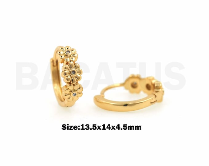 Flower Earrings, Round Earrings, 18K Gold Filled Flower Jewelry, Fashion Earrings, Pierced Earrings, Gift For Her, 13.5x14x4.5mm