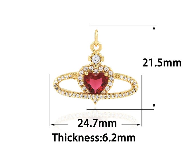 Micropavé CZ Love Necklace, 18K Gold Filled Saturn Ring Pendant, Heart Pendant, DIY Jewelry Accessories, 24.7x21.5x6.2mm