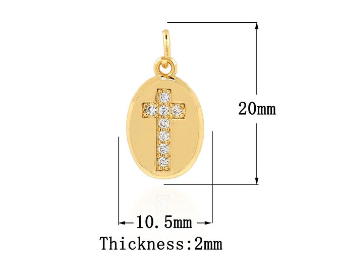 18K Gold Filled CZ Cross Pendant,Gold Dainty Religion Charms,Oval Charm Bracelet Necklace for DIY Jewelry Making Supply
