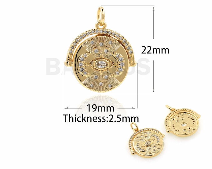 18K Gold Filled Round Pendant,  Eye Pendant, Micro Pavé CZ Round Charm, Eye Necklace, Eye Charm, 22x19x2.5mm