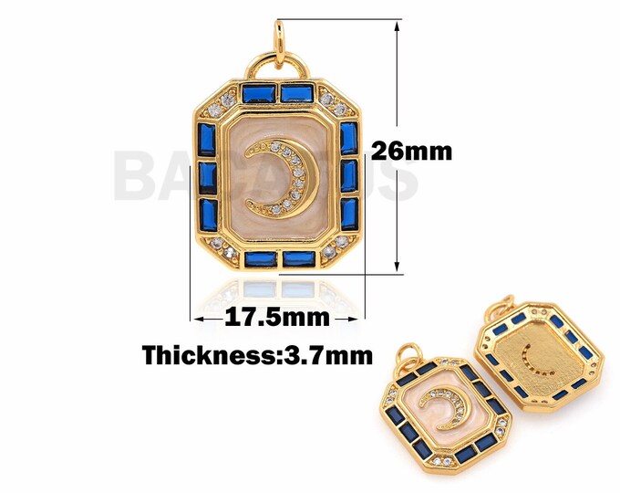 18K Gold Filled Moon Pendant, Rectangular Necklace, Crescent Moon Necklace, Moon Charm, Micropavé CZ Moon Pendant,Enamel Charm,26x17.5x3.7mm