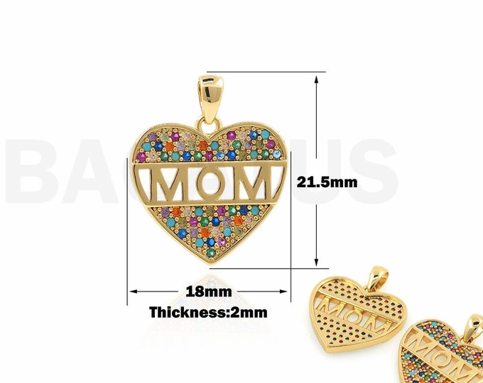 Heart Pendant, MM Charm, Micropavé CZ Alphabet Necklace, 18K Gold Filled Heart Charm, Mother Gift, DIY Jewelry Supplies, 21.5x18x2mm