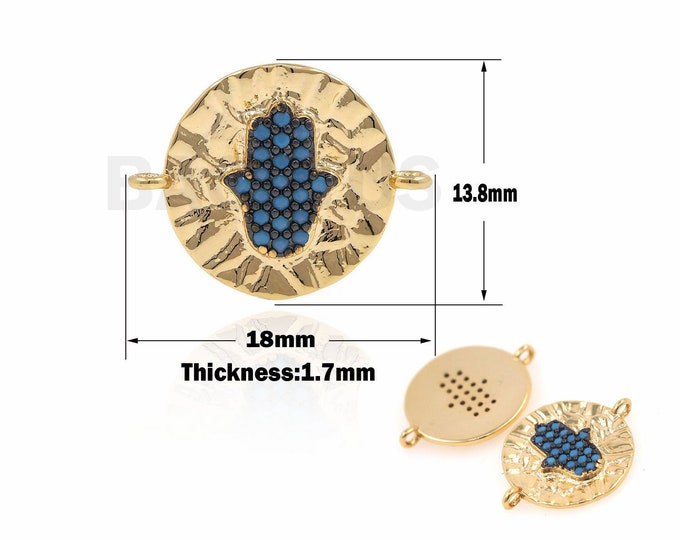 1PCS  18K Micro-Pave Circular Connector Palm Charm Hamsa Hand Connector Cubic Zirconia Charm Suitable For Chain Supplies 13.8*18*1.7mm