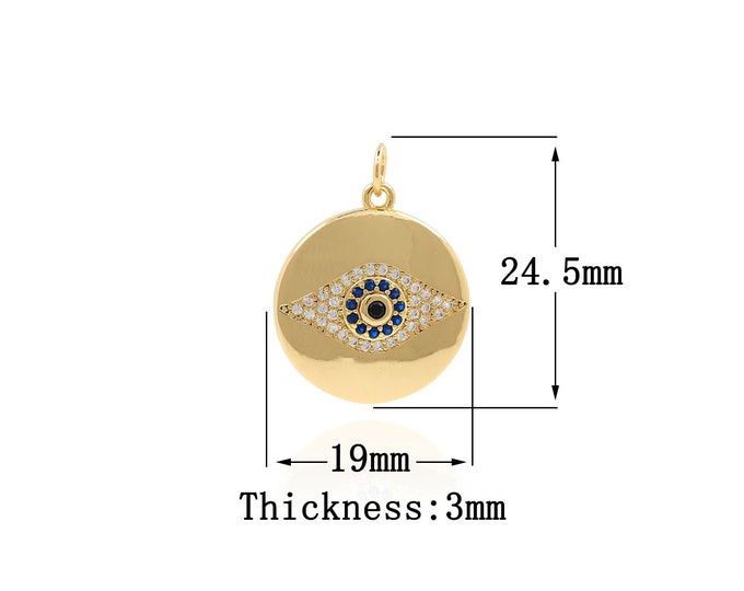18K Gold Filled Devil Eye pendant,Gold Round Charms,Eye Charm Bracelet Necklace for DIY Jewelry Making Supply