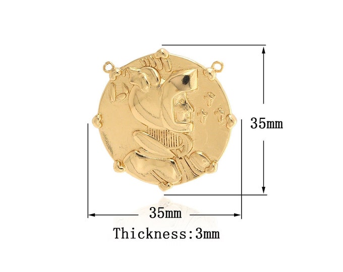 Gold Soldier Pendant, 18K Gold Filled Round Charm, Badge Pendant, Round Pendant, DIY Jewelry Supplies, 35x35x3mm