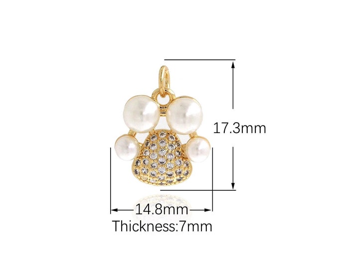 Footprint Pearl Pendant, Micropavé CZ Animal Mark Charm, 18K Gold Filled Animal Footprint Necklace, DIY Jewelry Supplies, 17.3x14.8x7mm