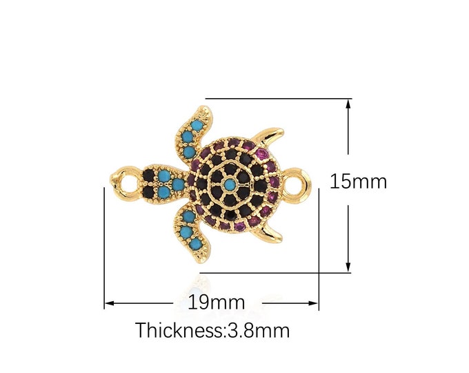 Turtle Connector, 18K Gold Stuffed Animal Connector, Micro Pave CZ Turtle Charm, DIY Jewelry Supplies, 19x15x3.8mm