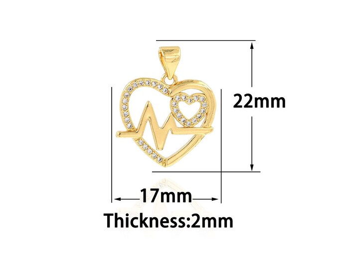 18K Gold Filled Heart Pendant,Gold Dainty Heartbeat Charms,CZ Heart  Charm Bracelet Necklace for DIY Jewelry Making Supply