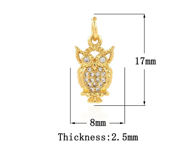 18K Gold Filled Owl Pendant,Gold Dainty CZ Owl Charms,Owl Charm Bracelet Necklace for DIY Jewelry Making Supply
