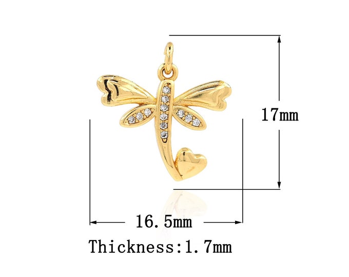 18K Gold Filled CZ Dragonfly Pendant,Gold Dainty Heart Charms,Dragonfly Charm Bracelet Necklace for DIY Jewelry Making Supply
