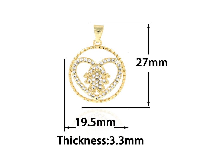 18K Gold Filled Heart Pendant,Gold Dainty Character Charms,CZ Round Charm Bracelet Necklace for DIY Jewelry Making Supply