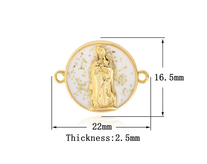 Virgin Connector, 18K Gold Filled Enamel Connector, Micropavé CZ Catholic Charm, Circular Connector, DIY Jewelry Supplies,16.5x22x2.5mm