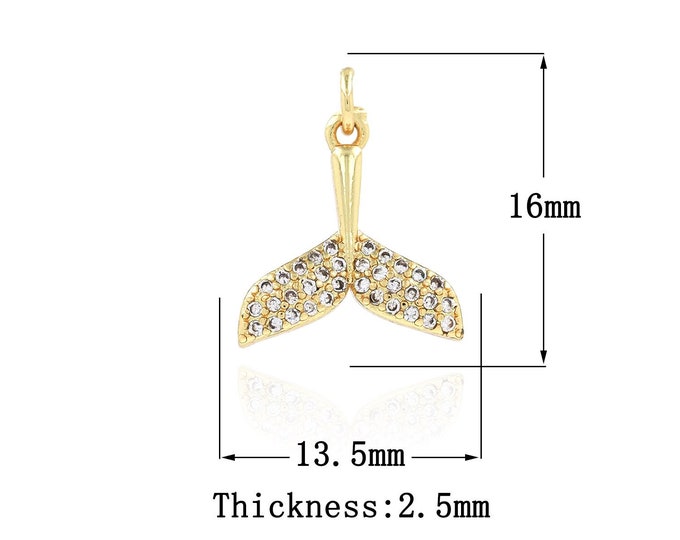 18K Gold Filled Fishtail Pendant,Gold Dainty CZ Fishtail Charms,Fishtail Charm Bracelet Necklace for DIY Jewelry Making Supply