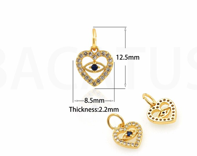 18K Gold Filled Devil Eye Pendant,Gold Dainty CZ Eye Charms,Heart Charm Bracelet Necklace for DIY Jewelry Making Supply