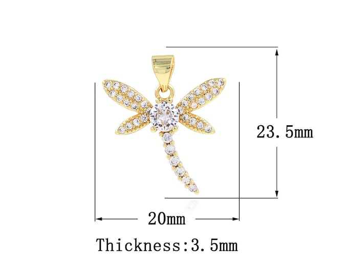Dragonfly Charm, Insect Necklace, Micropavé CZ Dragonfly Necklace, 18K Gold Filled Insect Pendant, DIY Jewelry Supplies, 20x23.5x3.5mm