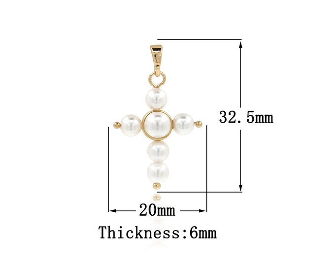 Christian Necklace, Pearl Cross Charms, 18K Gold Filled Cross Pendant, MicroPavé CZ Religious Charms, DIY Jewelry Supplies,32.5x20x6mm