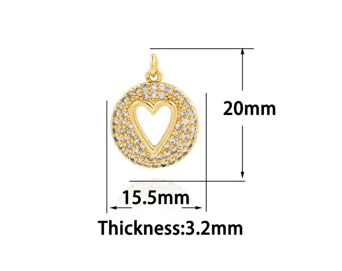 18K Gold Filled Heart Pendant,Gold Dainty Round Charms,CZ Heart Charm Bracelet Necklace for DIY Jewelry Making Supply